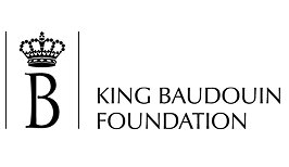 Text logo with the words King Baudouin Foundation in black capital letters on a transparent background. Letter B overhanged by a crown.